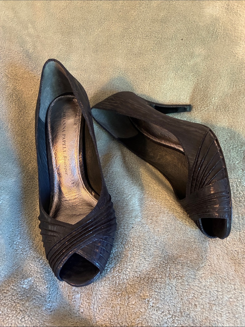 Adrianna Papell Black Peep-Toe Draped Evening Heels- Size 8